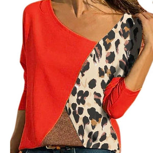 Autumn Spring  Polyester  Women  Round Neck  Color Block Leopard Long Sleeve T-Shirts