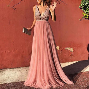 Sexy Deep V Sleeveless Halter   Backless Dress