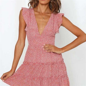 Short-Sleeved Ruffled V-Neck Dot Print Mini Dress