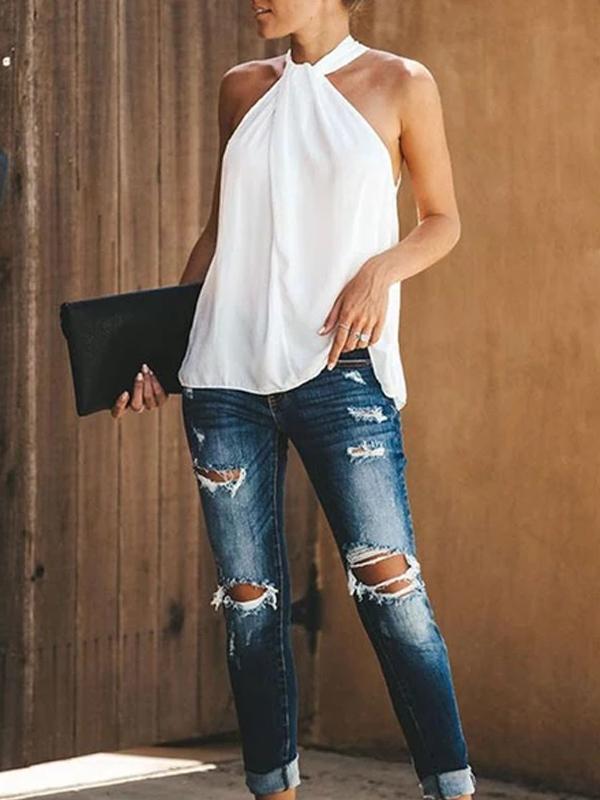 Sexy Solid Color Sleeveless Casual T-Shirt