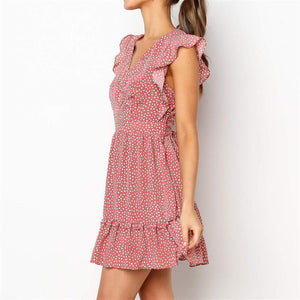 Short-Sleeved Ruffled V-Neck Dot Print Mini Dress