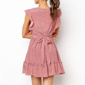 Short-Sleeved Ruffled V-Neck Dot Print Mini Dress