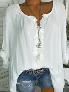 Autumn Spring Summer  Polyester  Women  V-Neck  Decorative Lace  Plain  Long Sleeve Blouses