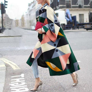 Fashion Geometry Printed Colorful Loose Woolen Long Coat