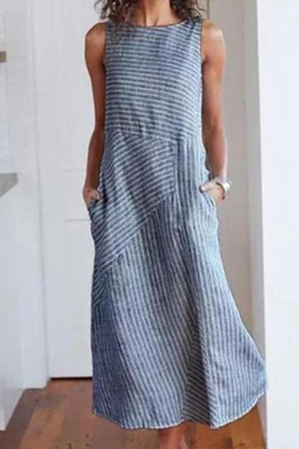 Linen Round Neck  Striped Maxi Dress