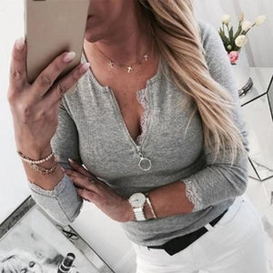 Casual Lace Splicing Zipper Collar Long Sleeves T-Shirt