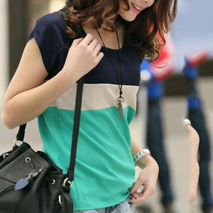 Round Neck  Color Block Short Sleeve T-Shirts