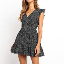 Load image into Gallery viewer, Short-Sleeved Ruffled V-Neck Dot Print Mini Dress