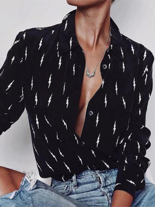 Lapel Collar Sexy Blouses Black And White Printed Tops