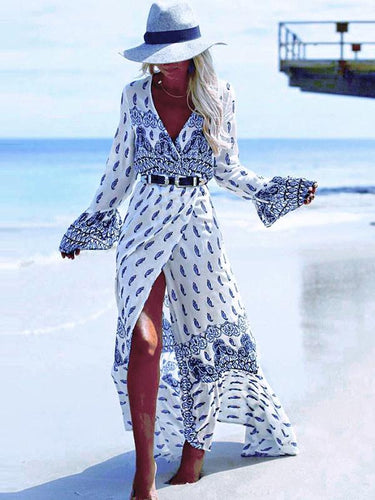 Elegant V-Neck Long Sleeved Bohemia Maxi Vacation Dress