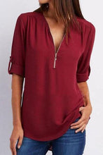 Load image into Gallery viewer, V-Neck  Zips  Plain  Roll-Up Sleeve  Long Sleeve Blouses