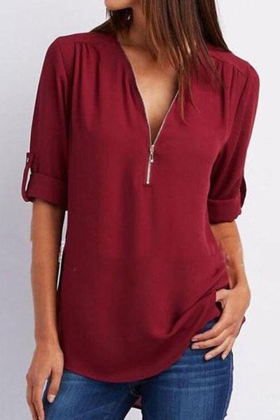 V-Neck  Zips  Plain  Roll-Up Sleeve  Long Sleeve Blouses