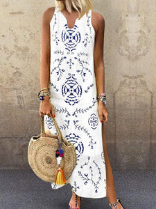 Casual V Collar Floral Printed Loose Maxi Dress