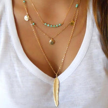 Load image into Gallery viewer, Layered Turquoise Embellished Leaf Feather Necklace