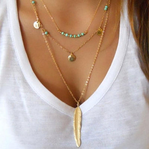 Layered Turquoise Embellished Leaf Feather Necklace