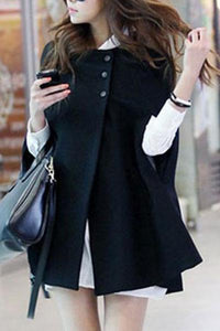 Collarless Pocket Plain Woolen Cape Sleeve Coat