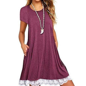 Round Neck  Patch Pocket Patchwork Shift Dress