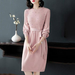 Round Neck  Beading  Plain Shift Dress