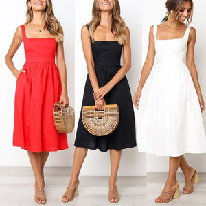 Fashion Plain Off Shoulder Defined Waist Vacation Dress