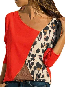 Autumn Spring  Polyester  Women  Round Neck  Color Block Leopard Long Sleeve T-Shirts