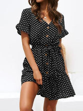 Load image into Gallery viewer, Fashion Polka Dot V Neck Belted Chiffon Mini Dresses