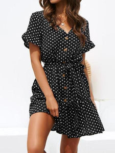 Fashion Polka Dot V Neck Belted Chiffon Mini Dresses