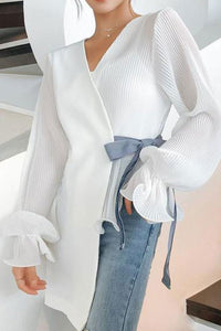 Fashion V Neck Loose Long Sleeve Chiffon Blouse