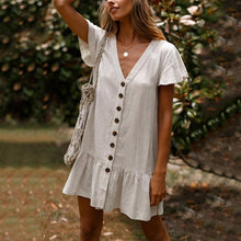 Load image into Gallery viewer, Single-Breasted Deep V-Neck Cotton And Linen Mini Dress