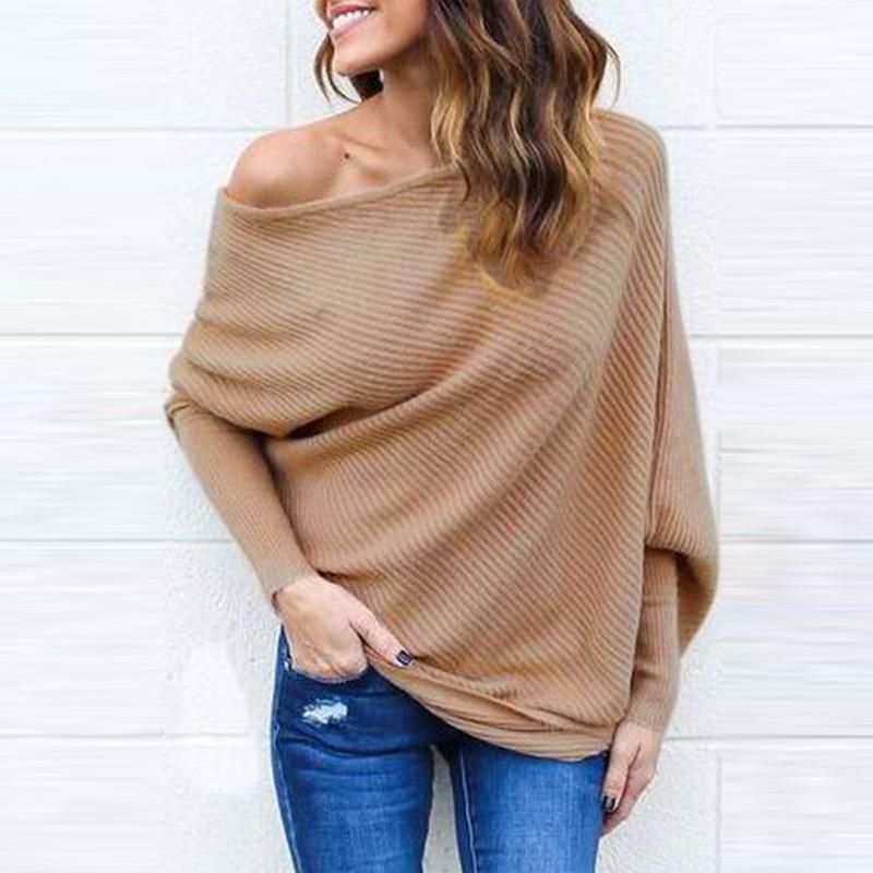 Open Shoulder Plain Batwing Sleeve Sweaters