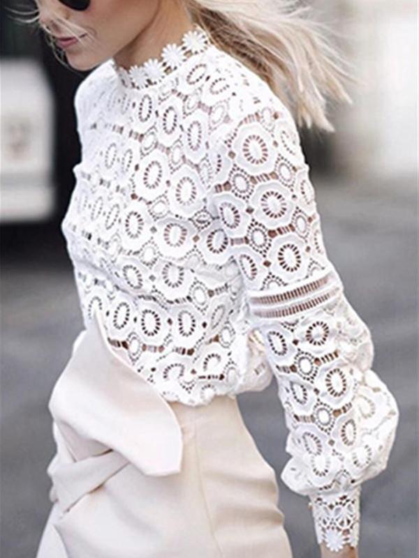 Hollow Lace Lantern Sleeves Fashion Tops