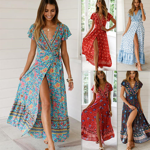 Big Pendulum V-Neck Beach Holiday Tie Printing Vacation Maxi Dress