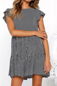 Sexy Striped Pleated Horn Sleeve Mini Dress