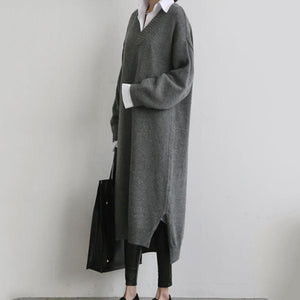 Fashion Simple Loose Long Sleeves Knitted Sweater Shown Thin Maxi Dress