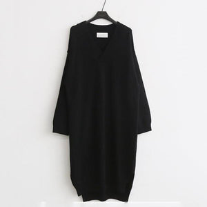 Fashion Simple Loose Long Sleeves Knitted Sweater Shown Thin Maxi Dress