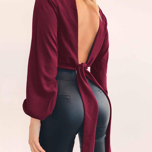 Bare Back Sexy V-Neck Long Sleeve Solid Color T-Shirt