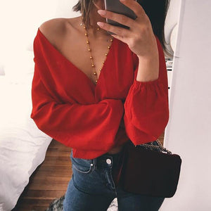 Bare Back Sexy V-Neck Long Sleeve Solid Color T-Shirt