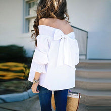 Load image into Gallery viewer, Spring Summer  Polyester  Women  Open Shoulder  Bowknot  Plain  Three-Quarter Sleeve Blouses