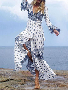 Elegant V-Neck Long Sleeved Bohemia Maxi Vacation Dress