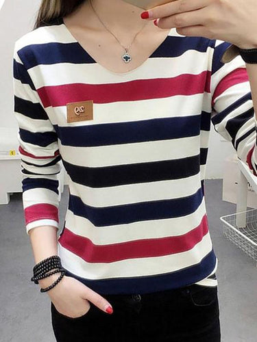 V Neck  Striped Long Sleeve T-Shirts