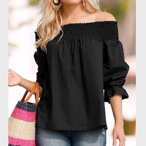 Spring Summer  Polyester  Women  Open Shoulder  Bowknot  Plain  Three-Quarter Sleeve Blouses