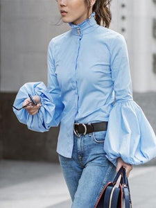 Elegant Fashion Slim Plain High Collar Long Sleeve Puff Cuff Button Front Blouse