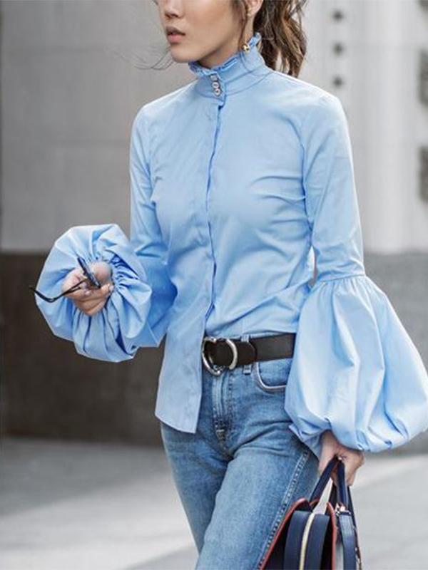 Elegant Fashion Slim Plain High Collar Long Sleeve Puff Cuff Button Front Blouse