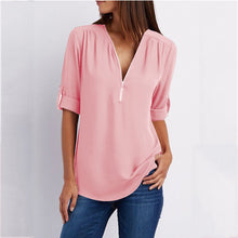 Load image into Gallery viewer, V Neck  Zipper  Patchwork Plain Blouses