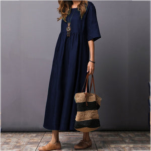 Round Neck  Plain  Cotton/Linen Maxi Dress