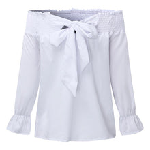 Load image into Gallery viewer, Spring Summer  Polyester  Women  Open Shoulder  Bowknot  Plain  Three-Quarter Sleeve Blouses