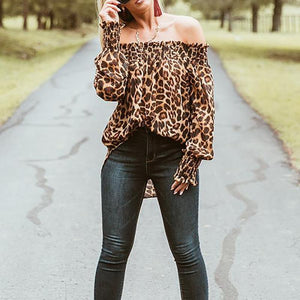 Fashion Off-Shoulder   Leopard Grain Printed  Long Sleeve Top