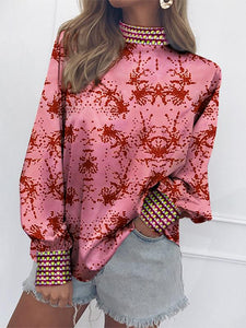 Fashion Vertical   Collar Long-Sleeved Print Matching Blouse