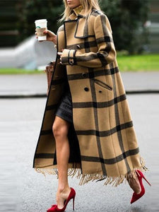 Chic Casual Color Block Plaid Lapel Shoulder Padded Long Coat