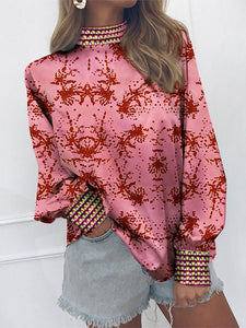 Fashion Vertical   Collar Long-Sleeved Print Matching Blouse