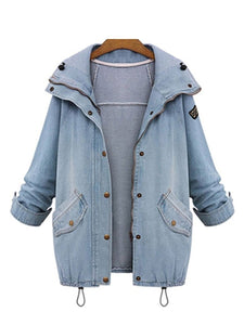 Hooded Drawstring Flap Pocket Denim Two-Piece Coats